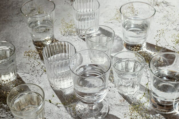 Glasses of water on table