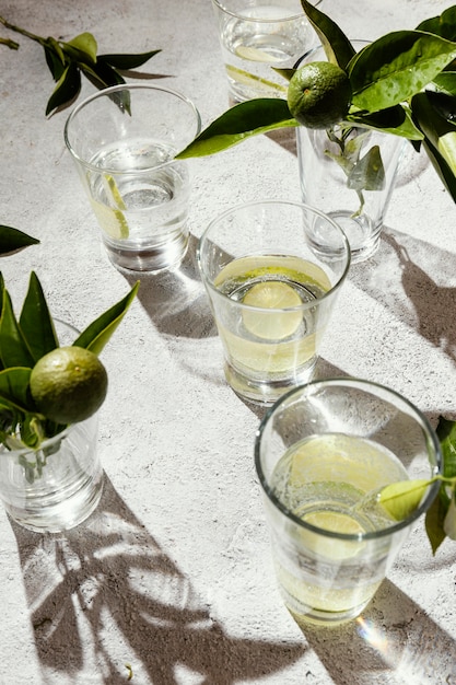 Free photo glasses of water with lemon slices on table