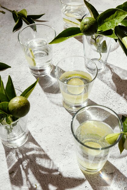 Glasses of water with lemon slices on table