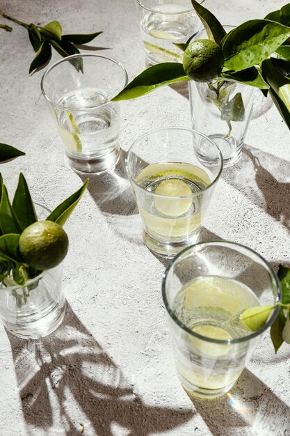 테이블에 레몬 조각과 물 잔