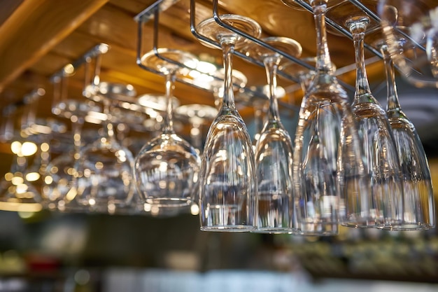 Glasses for wine above a bar rack