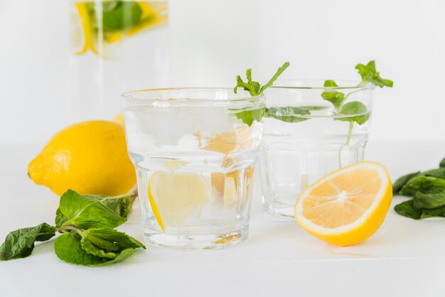 Glasses with lemon mint water
