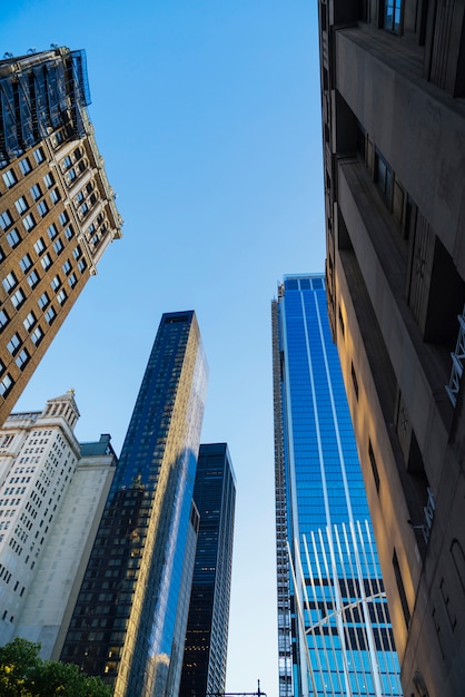 Glassy skyscrapers from below sunset cityscape