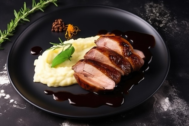 Glazed duck fillet with mashed potatoes and sauce served on a fancy restaurant plate Ai generative