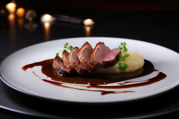 Free photo glazed duck fillet with mashed potatoes and sauce served on a fancy restaurant plate ai generative