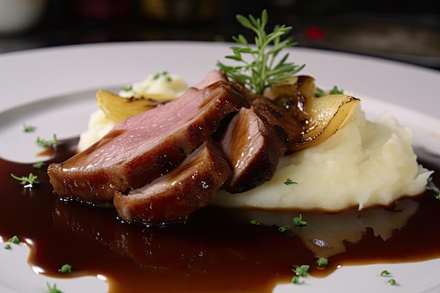 Filetto d'anatra glassato con purè di patate e salsa servito su un elegante piatto da ristorante ai generative