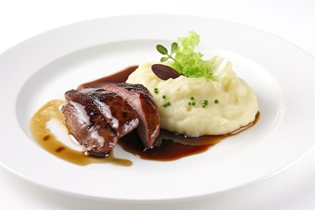 Glazed duck fillet with mashed potatoes and sauce served on white plate on white background Ai generative