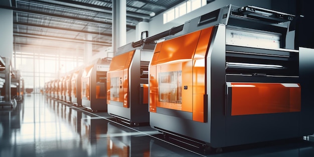 Free photo a gleaming industrial printer with orange panels stands ready in a bright hightech factory