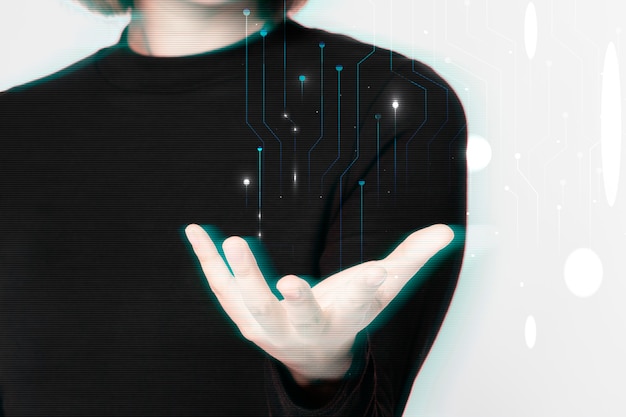 Free photo glitching woman’s hand background using futuristic technology digital remix