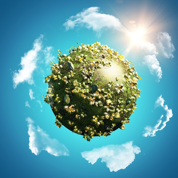 Globe of buttercups and daisies on blue sky with circling clouds