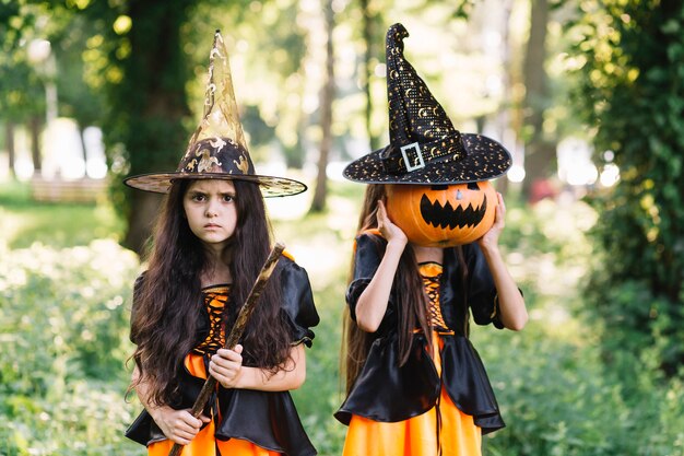 Gloomy girls in sorceress costumes in park