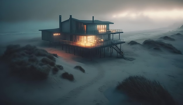 Foto gratuita cupa casa in riva al mare in caso di nebbia