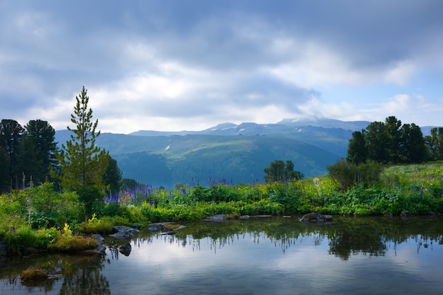 Foto gratuita paesaggio cupo del lago di montagna