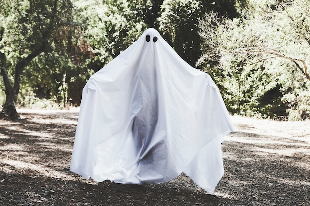 gloomy phantom with upping hands standing in sunny forest