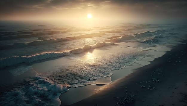 織り目加工の波と太陽が昇る暗い海の風景