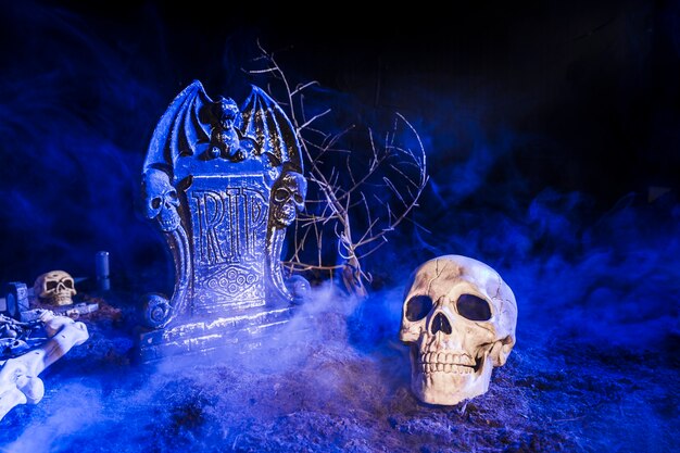 Gloomy skull placed near headstone in fog on ground