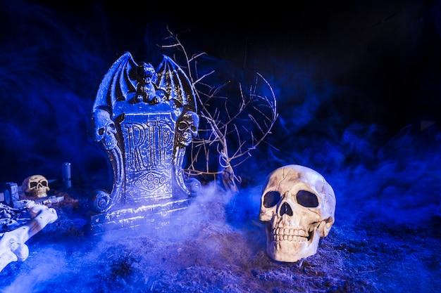 Gloomy skull placed near headstone in fog on ground