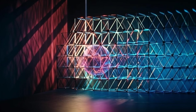 Светящийся абстрактный фон освещает футуристическое пространство ночного клуба, созданное искусственным интеллектом