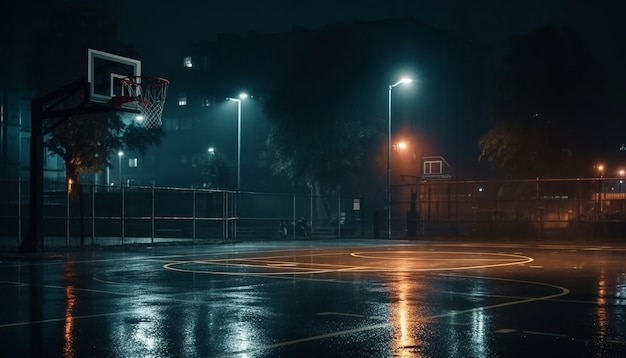 Foto gratuita canestro da basket incandescente nell'intelligenza artificiale generativa della concorrenza del paesaggio urbano scuro