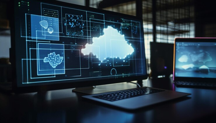 Free Photo glowing blue office desk with modern technology generated by ai