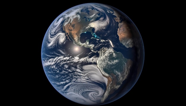 Бесплатное фото Светящаяся голубая сфера вращается вокруг планеты с черным фоном, созданной ии