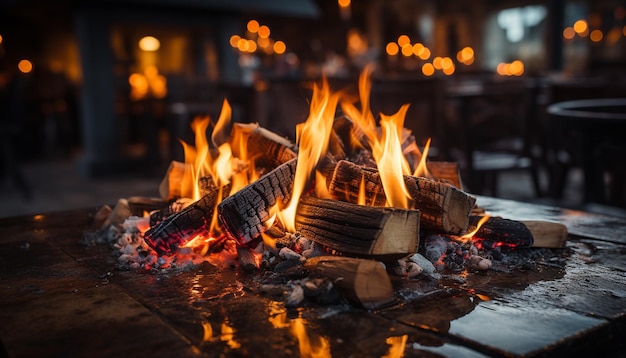 무료 사진 인공지능에 의해 생성된 편안한 휴식을 위한 음식을 요리하는 밤에 반이는 불꽃이 따뜻해집니다.