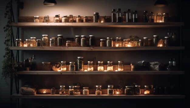 Glowing candle collection illuminates old wooden shelf generated by AI