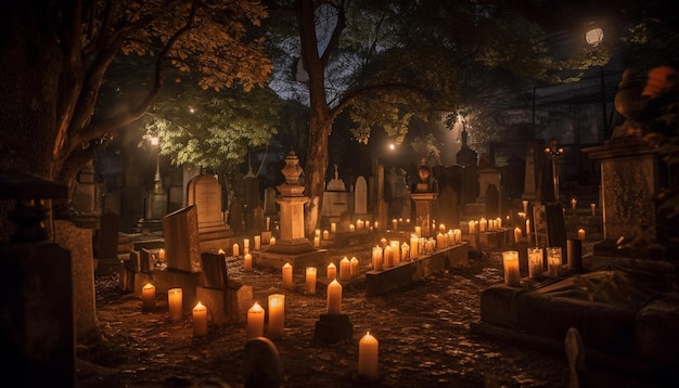 Free photo glowing candle illuminates spooky tombstone at night generated by ai