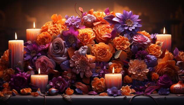 A glowing candle illuminates a still life of autumn beauty generated by artificial intelligence