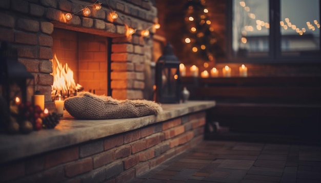 Бесплатное фото Светящиеся свечи создают уютную зимнюю атмосферу в помещении, созданную искусственным интеллектом