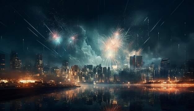 AI が生成した鮮やかな花火で輝く街のスカイラインが爆発
