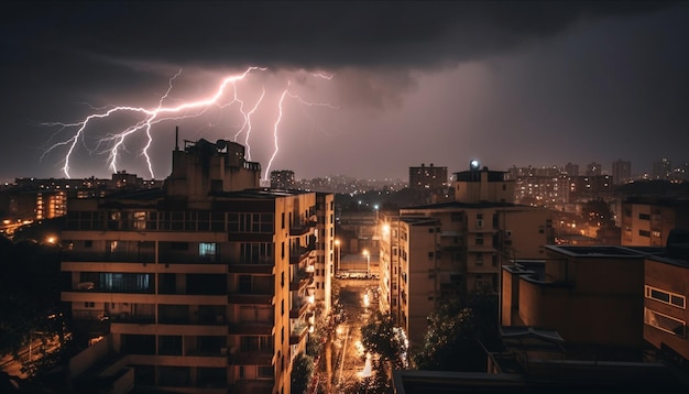 Skyline della città incandescente che accende il cielo notturno generato dall'intelligenza artificiale