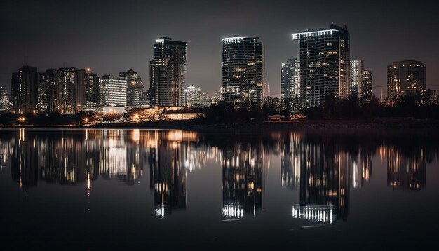 Glowing cityscape reflects on tranquil waterfront pond generated by AI