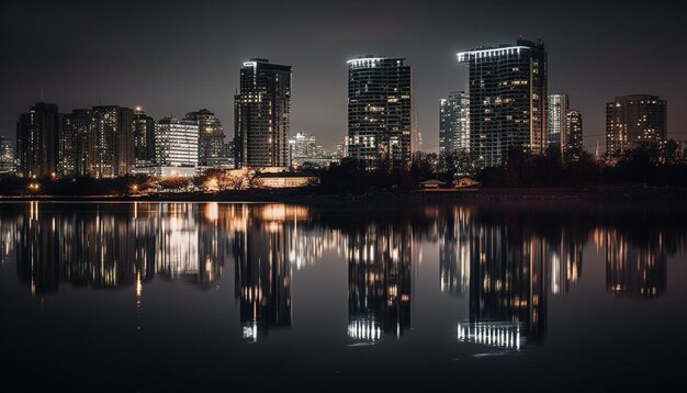 AIによって生成された静かな水辺の池に映る光る街並み