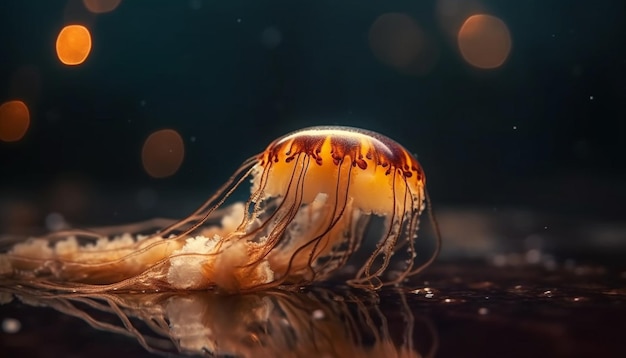 Glowing Cnidarian Tentacle Stinging Fish in Underwater Beauty Generated by AI