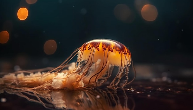 Free photo glowing cnidarian tentacle stinging fish in underwater beauty generated by ai