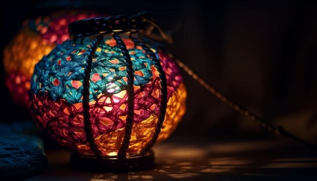 Glowing colorful spheres illuminate festive winter decor generated by AI