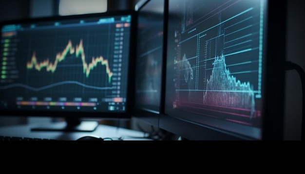 Foto gratuita il monitor del computer incandescente mostra i dati finanziari per il trading generati dall'intelligenza artificiale