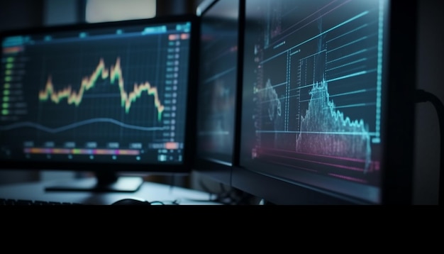 Glowing computer monitor displays financial figures for trading generated by AI