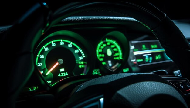Glowing dashboard illuminates the luxurious sports car generated by AI