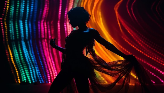 Glowing disco dancers on multi colored stage generative AI
