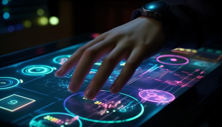 Free Photo glowing finger controls modern nightlife technology table generated by ai