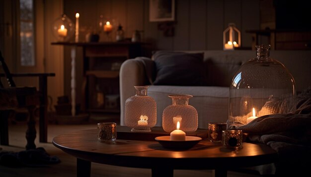 Glowing flame and candle illuminate cozy room generated by AI