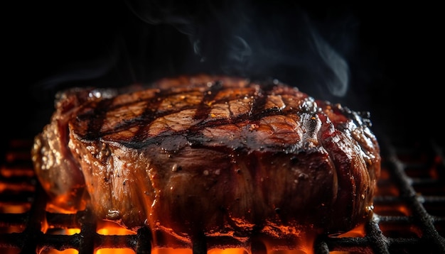 Glowing flame chars gourmet sirloin steak perfectly generated by AI