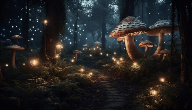 Glowing fly agaric mushroom in dark forest generated by AI
