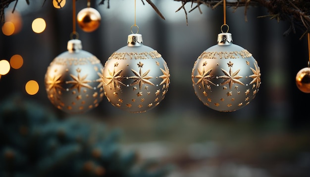 Foto gratuita un ornamento dorato luminoso decora l'albero invernale in una celebrazione festiva generata dall'intelligenza artificiale