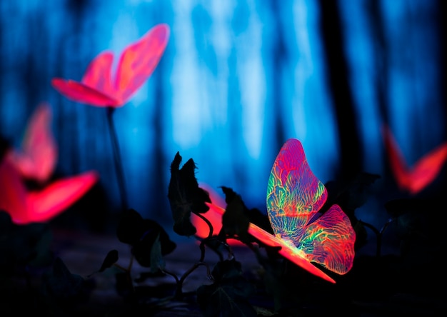 Glowing insects in the night forest