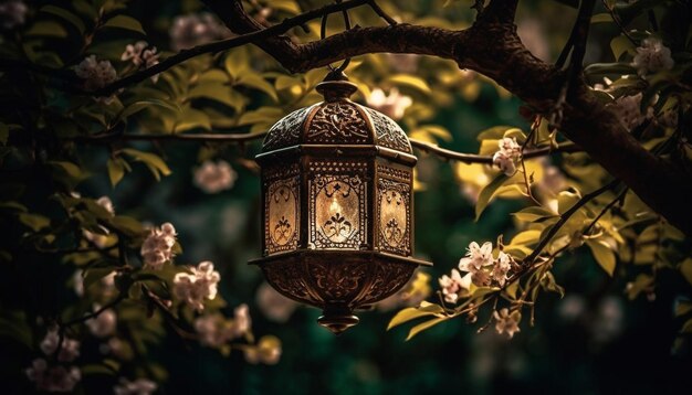 Glowing lantern illuminates nature elegance in Ramadan celebration generated by AI