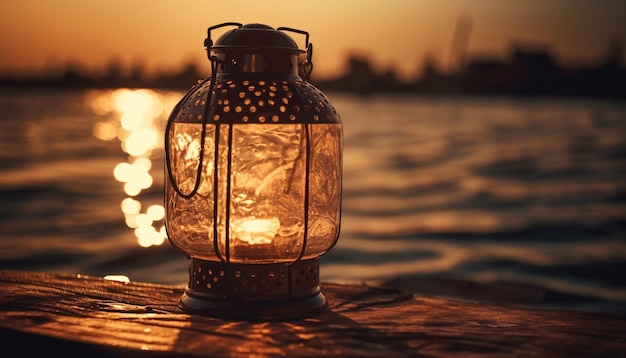 Бесплатное фото Светящийся фонарь освещает старомодное морское судно в сумерках, созданное искусственным интеллектом