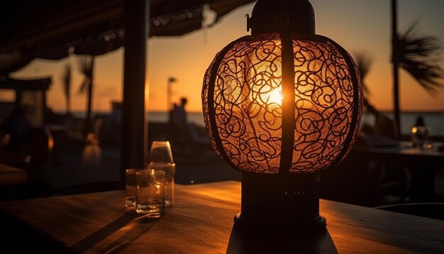 Free photo glowing lantern illuminates table at dusk outdoors generated by ai